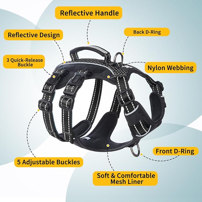 Service Dog Vest Harness, Escape Proof Harness with 6 Patches, No-Pull, Reflective Harness with Handle, Adjustable for Small to Large Dogs, for Training and Hiking (Black, S)
