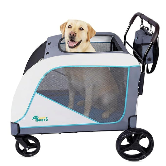 Ownpets Extra Large Dog Stroller for Large Breeds, 154 lbs Capacity, Black | Low 12" entry, one-click fold, all-terrain rubber wheels, spacious 38"x28" cabin, waterproof, safety tether