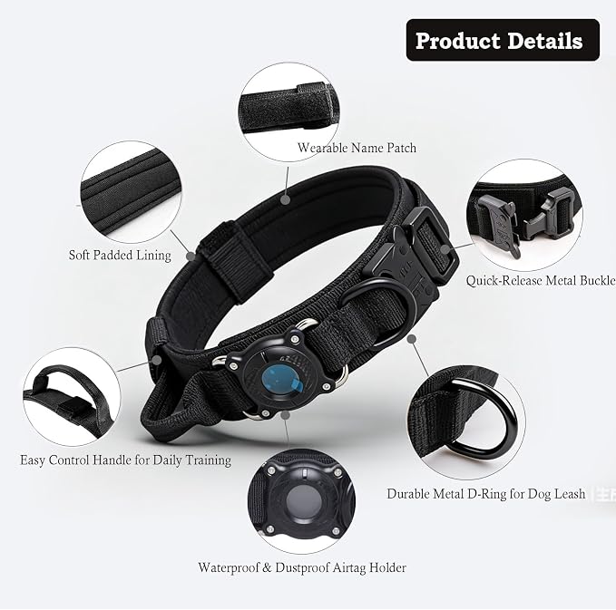AirTag Dog Collar for Large Dogs Tactical Dog Collar with AirTag Holder | Upgrade Waterproof,Adjustable,Control Handle,Quick-Release Metal Buckle,1000D Nylon Fabric,Soft-Padde,Velcro Patch(Black,XL)