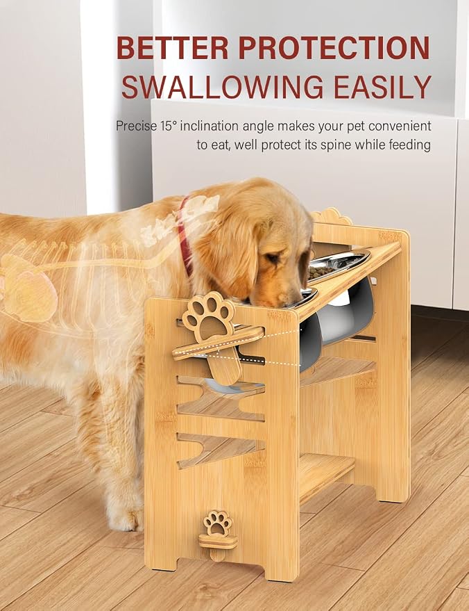 Elevated Dog Bowls, Adjustable Bowl Stand Large/XLarge, Natural | Bamboo Elevated Feeder with 2 Stainless Steel Bowls, Adjustable Height Stand for Large and Extra-Large Dogs