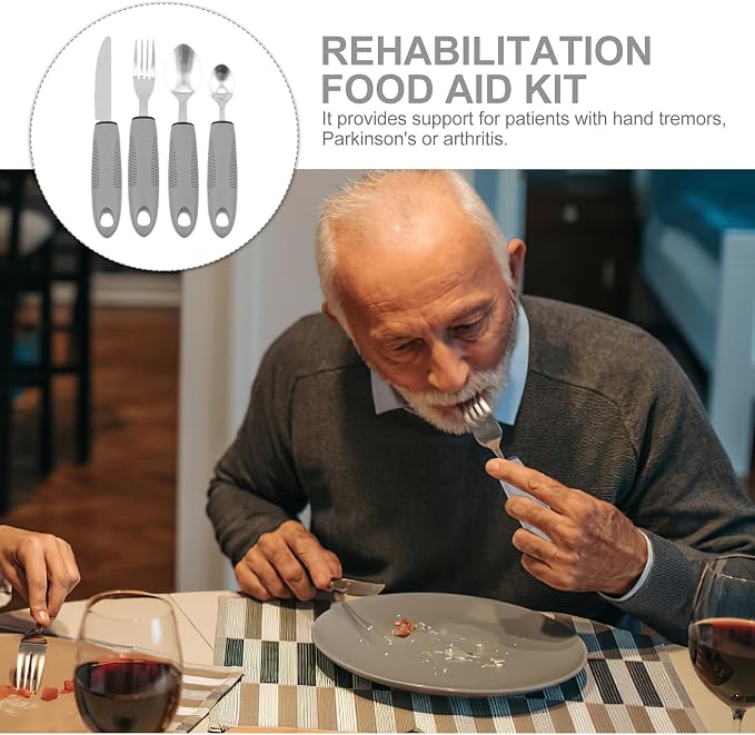 Adaptive Utensils for Elderly Adults Non-Weighted Built-up Handle Tableware Set Includes Fork Spoon Cutter Supports Arthritis Hand Tremors Easy Clean 8.85 Inch