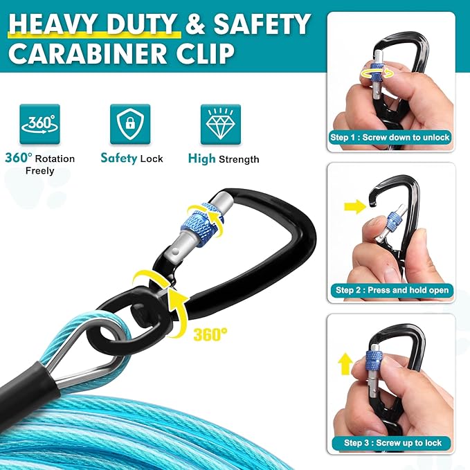 Snagle Paw Dog Leads for Yard 100FT-1000LBS Break Strength,Heavy Duty Tie Out Cable for Dogs with Swivel Lockable Hook & Spring,Chew Proof Dog Chain for Outside,Dog Run Cable for Medium Large Dogs