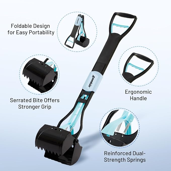 ZOMISIA 26" Pooper Scooper with Waste Bags - Poop Scooper for Large Dogs with Long Handle High Strength Material and Durable Spring for Yard, 30 Count Poop Bags