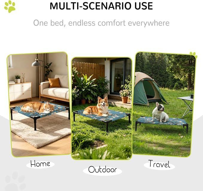 Outdoor Elevated Dog Bed for Medium Dogs, Flowers Branches Breathable Cooling Raised Dog Cot for Indoor/Outdoor, Farmhouse Turquoise Sky Moon Tree Waterproof Elevated Pet Beds, M 24 x 20 in