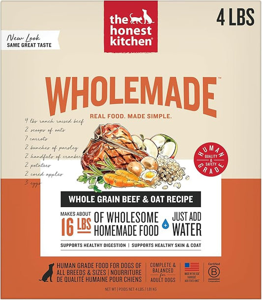 The Honest Kitchen Human Grade Wholemade™ Dehydrated Whole Grain Beef & Oat Dog Food - Complete & Balanced Meal or Topper - 4 lb Box