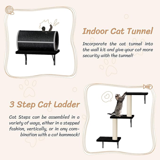 12-in-1 Cat Wall Shelves, Modern Wall-Mounted Cat Furniture, Wooden Climber Includes House, Bridge, Tree, Steps, and Scratcher, Space-Saving Cat Climbing Wall Systems, Black