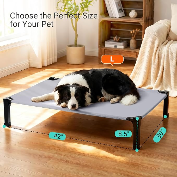 Elevated Outdoor Dog Bed, Raised Dog Bed with Steel Framed 42in | Cooling Elevated Pet Cot with Non-Slip Feet, and Waterproof, Washable, Breathable Teslin Mesh