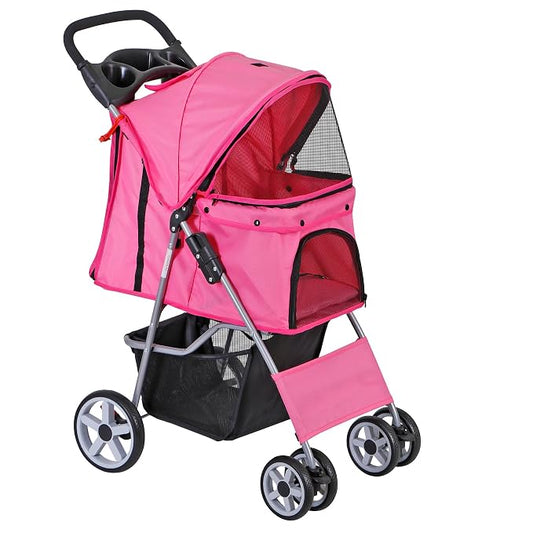 4 Wheels Dog Stroller Folding Pet Strolling Cart for Small Medium Cats Puppies Portable Jogger Travel Camping Puppy Carrier with Storage Basket Cup Holder, Pink
