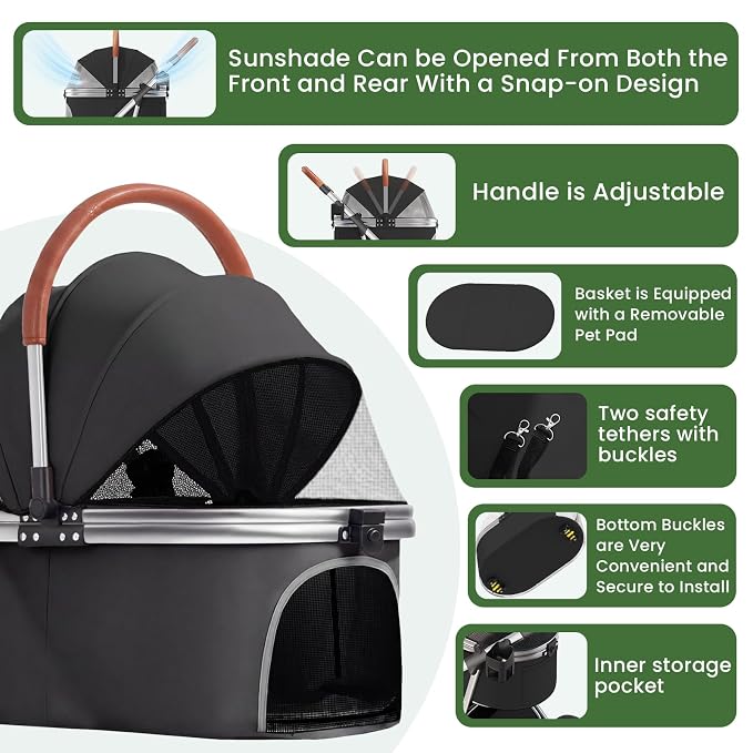 Dog Strollers for Small Medium Dogs Cats 44 lbs,3-in-1 Detachable Pet Carrier Stroller,4 Wheels One-Hand Fold Travel Carriage with Storage Basket,Pet Pad,Cup Holder(Black)
