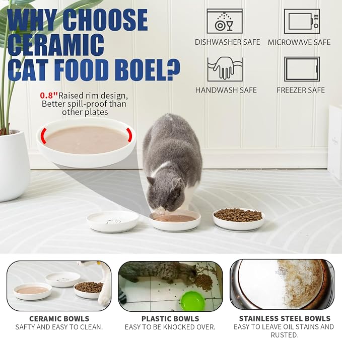 Lusifaco Shallow Cat Food Bowls, 5.9 Inch Wide Ceramic Cat Dish for Indoor Cat,Anti Whisker Fatigue Cat Dishes Set, Kitten Plates for Food and Water,Non-Slip Silicone Mat,3 Pack(White)