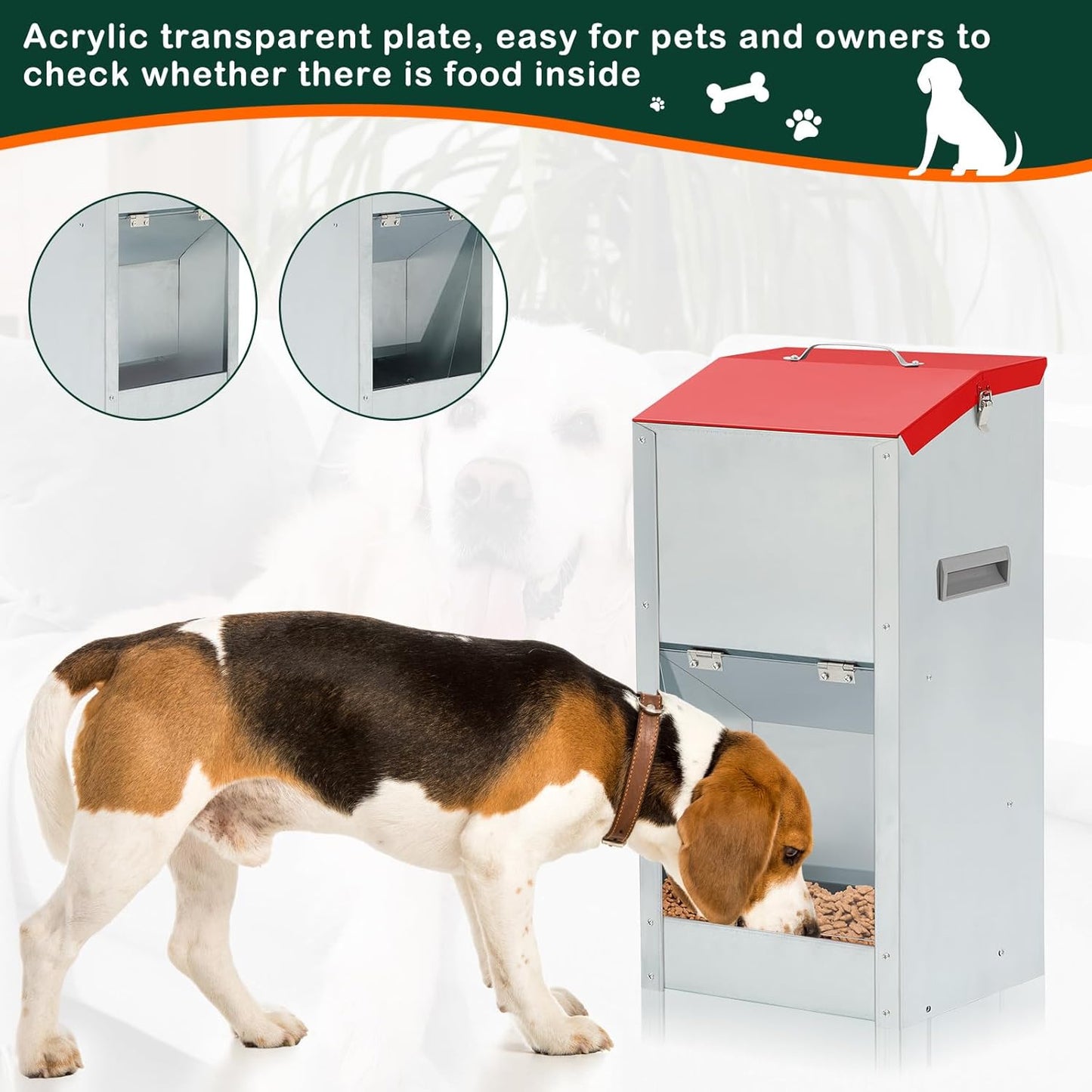 2 Pcs 15 Lbs Large Automatic Dog Feeders with Handle Acrylic Panel Galvanized Gravity Feeder Outdoor Hanging for Doggie Breed Dog Food Dispenser Container(Red)