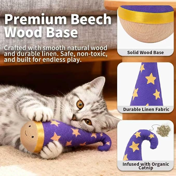 Lulu's world Wooden Interactive Cat Toy with Catnip - Niuniu Tumbler Wobble Toy for Indoor Cats, Self-Righting Chaser with Orange Feather (Pink)