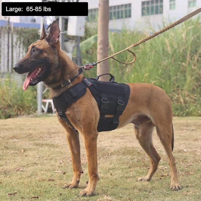 ICEFANG No Pull Tactical Dog Harness for Large Dogs,Adjustable Dog Vest | Control Handle,MOLLE Panel,Front Hook,3 Leash Clips,Soft Padded,for walking training,Black,Large