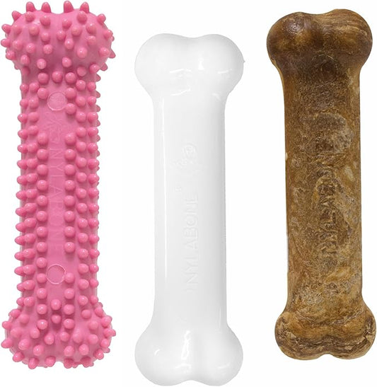 Nylabone New Puppy Starter Kit, Chew Toys & Natural Chew Treat for Puppies, Puppy Enrichment Teething Toys, Pink, Long Lasting Chicken & Bacon Flavor, Small Dogs - Up to 25 Ibs, 3 Pack