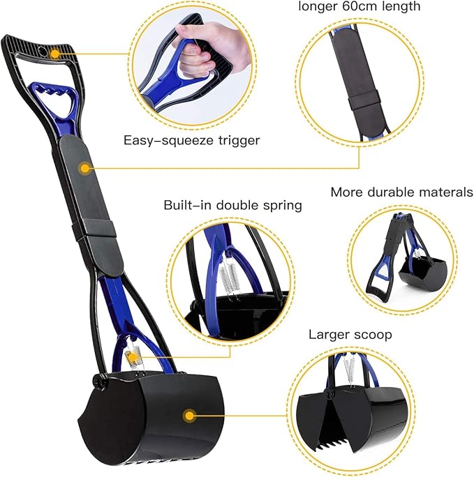 24 Inch Portable Dog Pooper Scooper for Large Small Dogs | Foldable Dog Poop Scoop with Waste Bag Dispenser & 30 Bags, Grass Friendly, Plastic, Grass Friendly, Easy to Use Lever