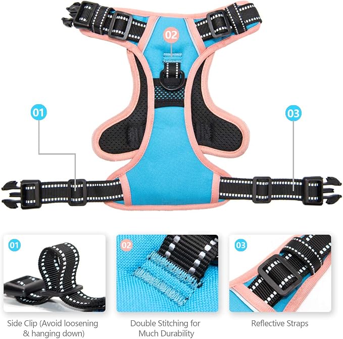 No Pull Dog Harness Medium Reflective Front Clip Vest with Handle | Adjustable 2 Metal Rings 3 Buckles ,[Easy to Put on & Take off](M, Blue)