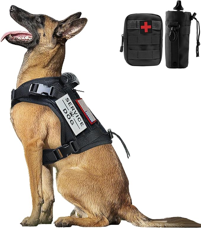 Tactical Dog Harness Vest with Pouches Training Outdoor Military K9 Harness Tactical Vest Detachable Medicine & Water Bags, 3 Patches