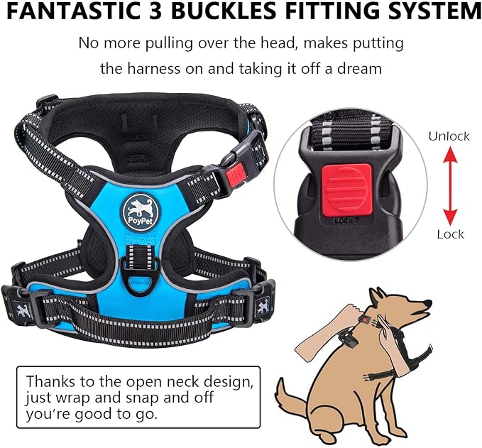 PoyPet No Pull Dog Harness Large with Front Clip & Neck Release Buckle | No Choke, Adjustable Vest, Reflective, Back Clip, Lockable, Soft Padded, Easy Control Handle for Walking Training, L, Blue