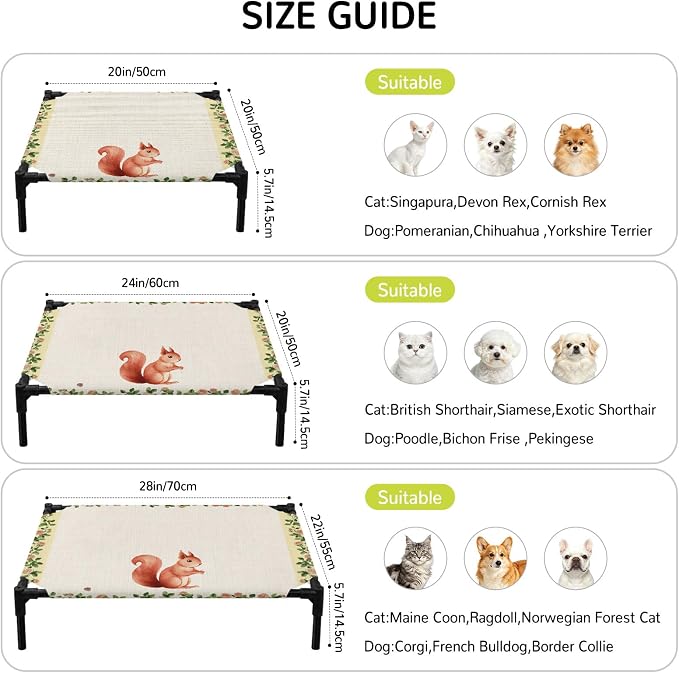 Outdoor Elevated Dog Bed for Small Dogs, Country Squirrels Breathable Cooling Raised Dog Cot for Indoor/Outdoor, Farmhouse Rustic Flower Leaf Plant Beige Waterproof Elevated Pet Beds, S 20 x 20 in