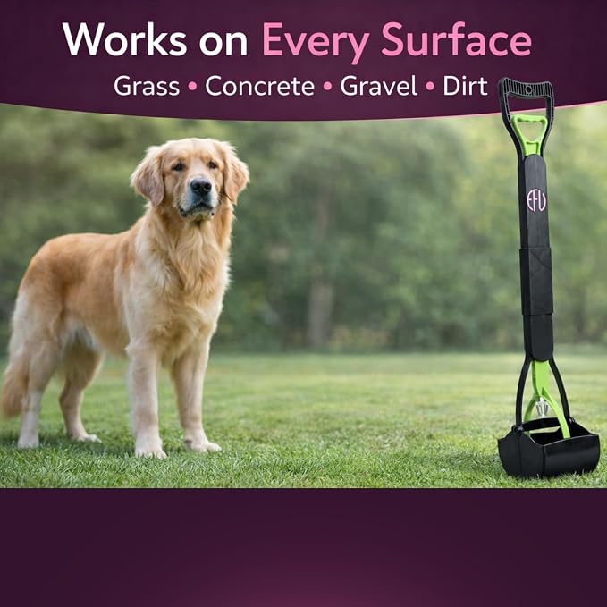 Furfusion Pooper Scooper for Large Dogs – 32" Long Handle No-Bend Dog Poop Picker Upper with 120 Waste Bags – Heavy Duty Foldable One-Hand Scoop for Grass, Gravel, Yard & Walks