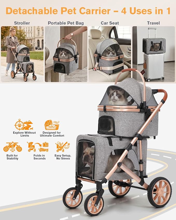 HOVONO Double Dog Stroller for 2 Small & Medium Dogs/Cats Up to 60 lbs | 3-in-1 Pet Stroller with Detachable Carrier, Lightweight Aluminum Alloy, Foldable Frame, Rubber Wheels with Suspension