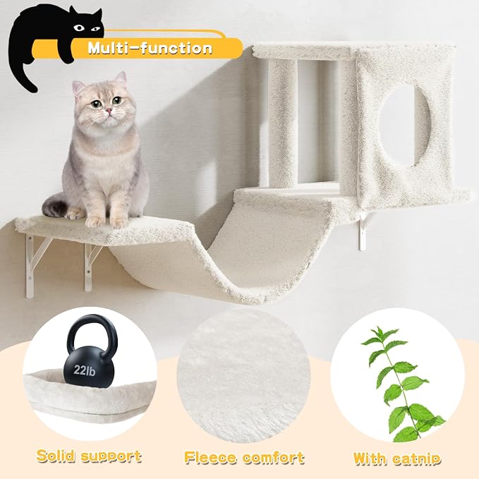 12-in-1 Cat Wall Shelves, Luxury Wall-Mounted Cat Climber Set with Condos House, Scratching Post, Bridge Ladder, Indoor Space-Saving Furniture for Kittens, Beige
