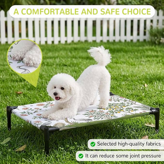 Outdoor Elevated Dog Bed for Medium Dogs, Pink Flowers Breathable Cooling Raised Dog Cot for Indoor/Outdoor, Trees Weeping Spring Floral Birds Waterproof Elevated Pet Beds, M 24 x 20 in