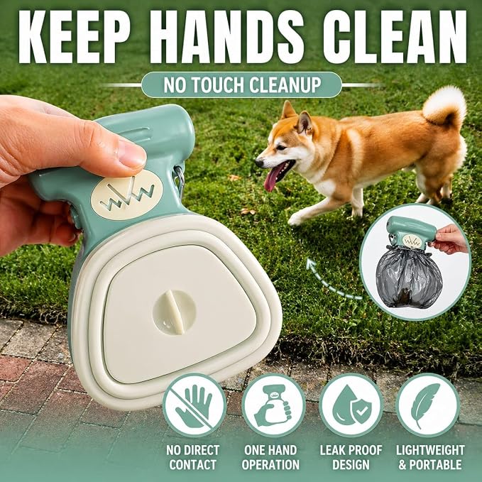 Dog Pooper Scooper with Waste Bag Dispenser – Small Size, Portable, Lightweight, One-Hand Operation, Leak-Proof, Durable Pet Waste Scooper (Green)