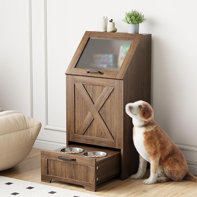 Dog Feeding Station with 2 Elevated Bowls, Dog Food Storage Cabinet with Pet Toy Organizer and Flip Top Pet Feeding Station,Hidden Pet Feeder Station for Cats and Dogs(Walnut)