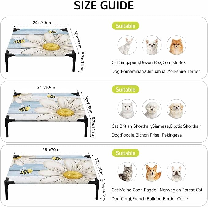 Outdoor Elevated Dog Bed for Medium Dogs, White Daisy Rustic Breathable Cooling Raised Dog Cot for Indoor/Outdoor, Pastoral Flowers Honeybees Blue Wood Waterproof Elevated Pet Beds, M 24 x 20 in