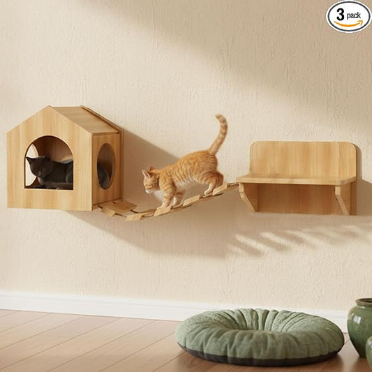 Unfinished Solid Pine Cat Wall Set - Natural Wood Cat House, Bridge & Perch Shelf | 3-Piece Wall-Mounted Climbing & Lounging Furniture for Indoor Cats