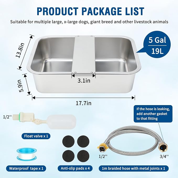 BWOGUE 5 Gal Automatic Dog Water Dispenser, Stainless Steel Bowl for Dogs | Automatic Dog Water Bowl Dispenser, Self-Filling Bowl, Float Valve Control, Outdoor Use, Large Dogs, Cats, Chickens
