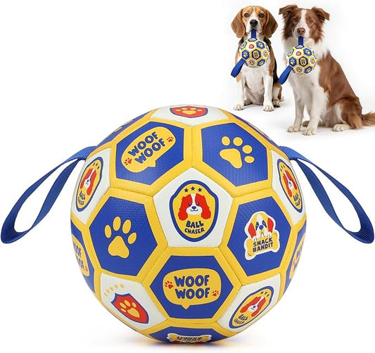 Vivifying World Cup Dog Toys Balls, Interactive Soccer Ball for Small Medium Dogs, Durable PU Enrichment Training Toy with Straps for Indoor and Outdoor Tug-of-War & Playing (6 Inches)