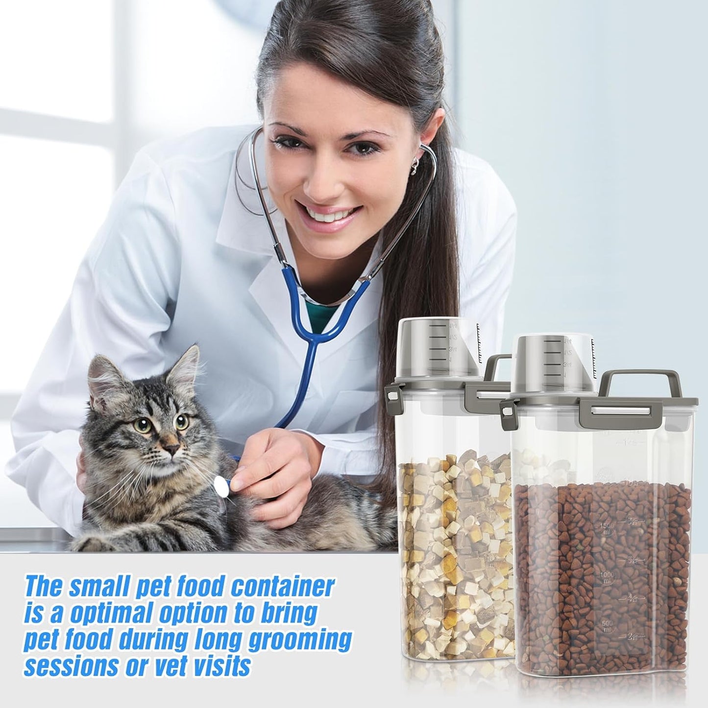 TBMax Small Dog Cat Food Storage Containers 2 Pack, Travel-Friendly Pet Food Container with Spout & Measuring Cup, Kid-Friendly Pet Feeding Dispenser, Portable Dog Treat Bird Seed Container -Grey