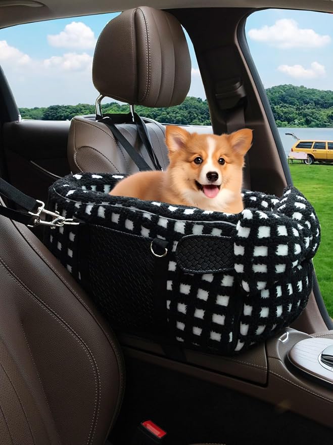 Prpeko Portable Dog & Cat Car Seat - Under 13 lbs, With Cozy Bow Neck Pillow (Grid-Black)