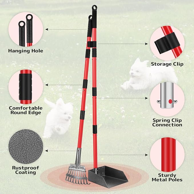 Pooper Scooper for Dogs, Sturdy Stainless Steel Dog Poop Scooper for Large Medium Small Dogs, Detachable Metal Rake & Tray Set for Yard, Grass, Dirt or Gravel (Red)