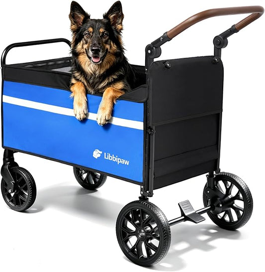 LUFFWELL Foldable Dog Wagon with Ramp, Medium & Large Dogs, Blue | All-terrain wheels, One-step brake, Adjustable handle, Side pockets, 200 lb capacity