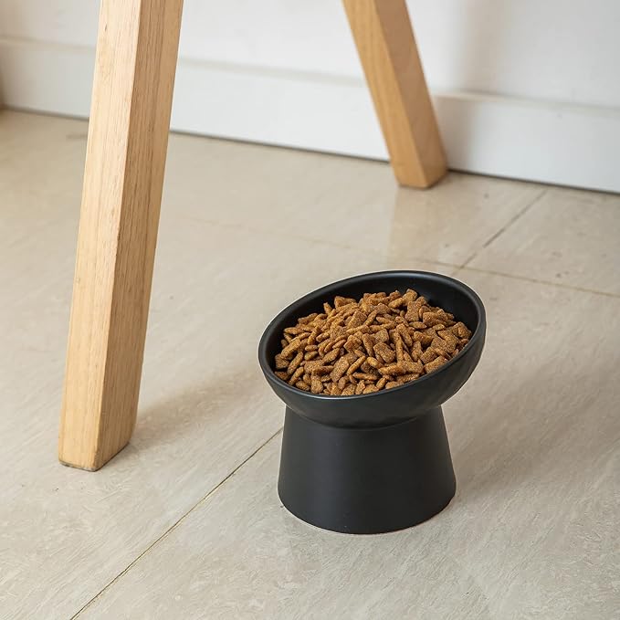 Elevated Cat Bowls, 15° Tilted Ceramic Raised Cat Food and Water Bowl Set, Whisker-Friendly Porcelain Pet Feeder Dishes for Indoor Cats and Small Dogs,Black,5.2 Inch,1 Pack