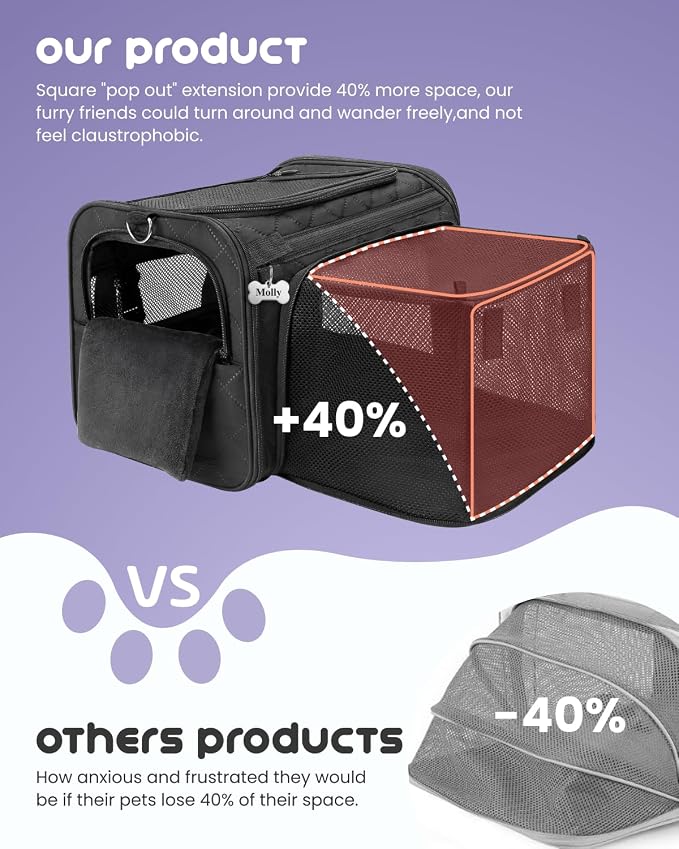 MIDOG Cat Carrier Soft for Small-Medium Cats Up to 25lbs, Airline Approved | Expandable Square Design,Comfort & Breathable Window,Equipped with anti-slip lock zippers and an internal safety leash