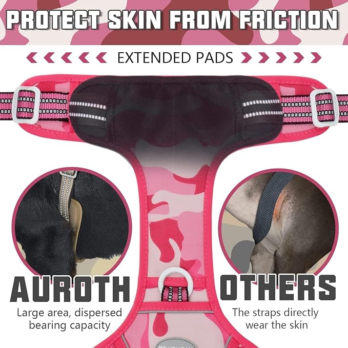AUROTH Tactical Dog Harness for Large Dogs No Pull Adjustable Pet Harness Reflective Working Training Easy Control Pet Vest Military Service Dog Harnesses Pink Camo XXL
