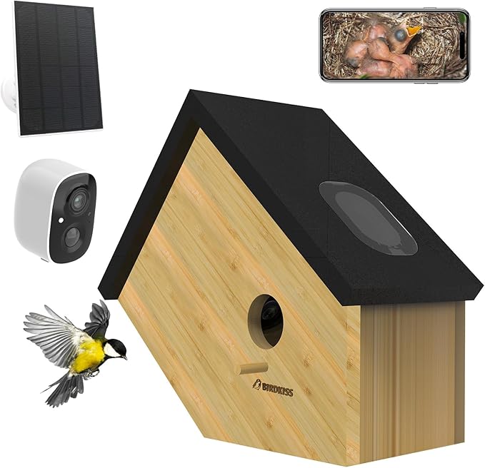 Birdkiss Smart Hummingbird House with Camera Solar Powered, 3MP HD Live View Birdhouse for Outside, Viewing Bird Nesting and Hatching, Ideal Outdoors Gift for Mom and Bird Lover (Black)