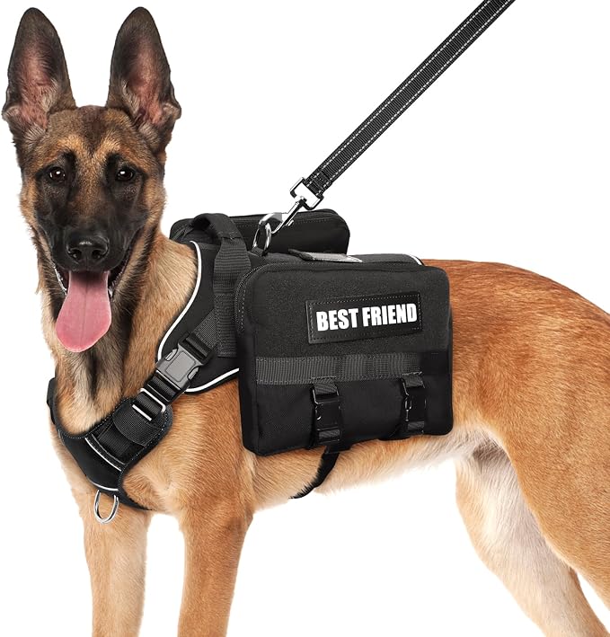 Dog Backpack Harness and Leash Set for Large Dogs Black L | Removable Side Pockets Dog Vest with Padded Handle&MOLLE,No Pull Front&Back Metal Clips for Hiking Training Walking Hunting