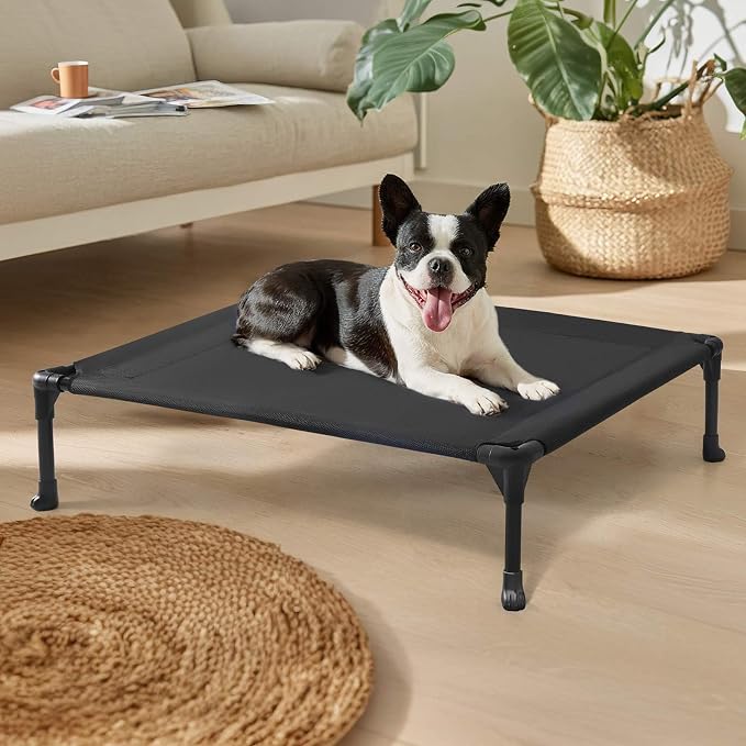 Veehoo Outdoor Elevated Dog Bed for Medium Dogs, Cooling Raised Dog Cots | Off-ground training platform, portable camping hammock, breathable mesh, easy to clean, no-tool setup, 32"x25", Black