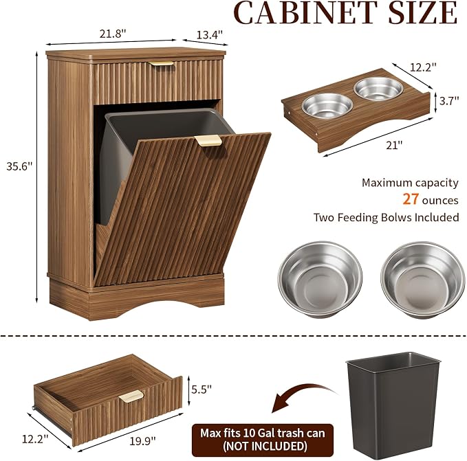 Tilt Out Trash Can Cabinet with Dog Bowl, 10 Gallons Dog Feeding Station with Storage Cabinet, Pet Feeder Cabinet with Hideaway Drawer for Kitchen, Living Room (Tilt-Out Dog Feeding Station-Walnut)