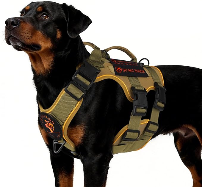 Reflective Tactical Dog Harness with AirTag Holder&3 Pet Patches, Khaki XL | Heavy Duty No Pull Dog Harness, Adjustable Dog Harness, Two Handles, Breathable Mesh Padding, Resists Dirt and Stay Clean