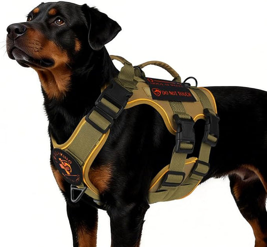 Reflective Tactical Dog Harness with AirTag Holder&3 Pet Patches, Khaki XL | Heavy Duty No Pull Dog Harness, Adjustable Dog Harness, Two Handles, Breathable Mesh Padding, Resists Dirt and Stay Clean