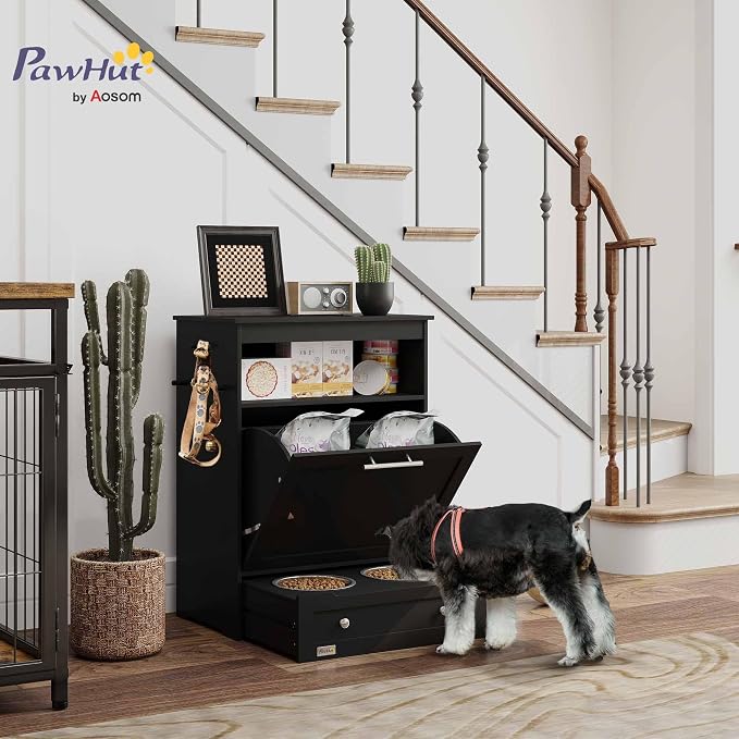 PawHut Dog Feeding Station with Raised Bowls, Pet Feeder Station, Black | Dog Food Storage Cabinet, Hanger for Feeding & Watering Supplies
