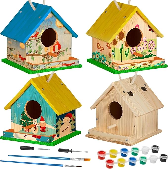 Liliful 1 Sets Wooden DIY Birdhouse Kit Unfinished Bird Houses with Paints and Paintbrushes Bird Feeder Craft Arts for Boy or Girl Classroom Activity and Christmas Kids Wooden Craft Gifts