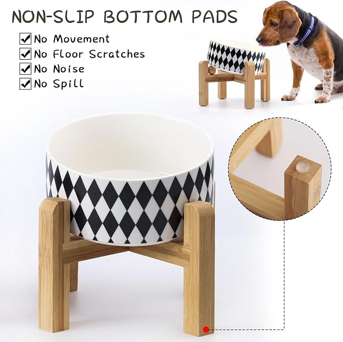 Petygooing Elevated/Raised 15°Slanted Ceramic Dog Bowl for Small and Medium Breeds, Tilted Anti Slip Pet Bowl,Food Water Dish with Stand for Cats and Dogs (28 OZ/3.6 Cups) Black Rhombus