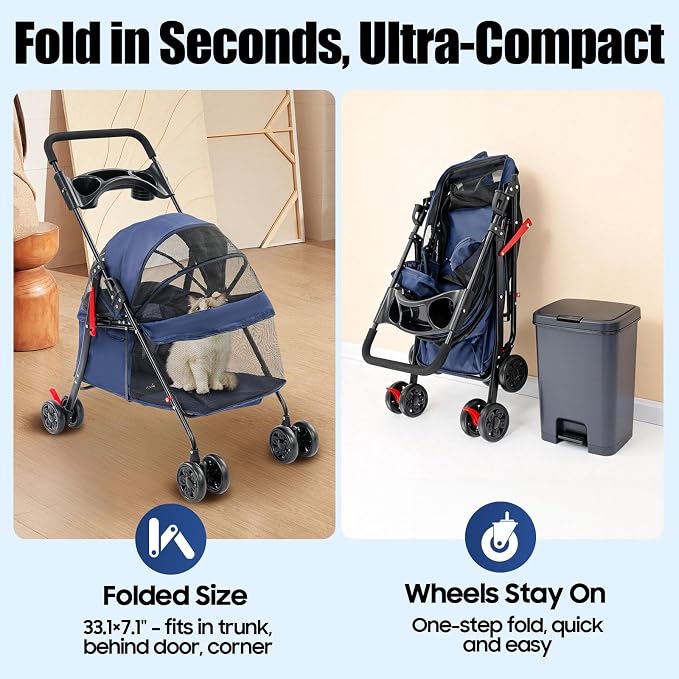 Pet Stroller for Small Medium Dogs Cats, Lightweight Foldable Pet Wagon with 360° Front Wheels & Brake, 40 lbs Capacity Carrier for Park Travel Shopping, Breathable Mesh Basket (Navy Blue)